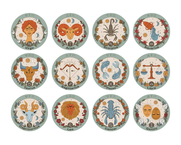 Set of zodiac vector illustrations. Flat style. Vintage color. Horoscope, astrology, magic. Set of zodiac vector illustrations. Flat style. Vintage color. Horoscope, astrology, magic earth air fire water signs stock illustrations