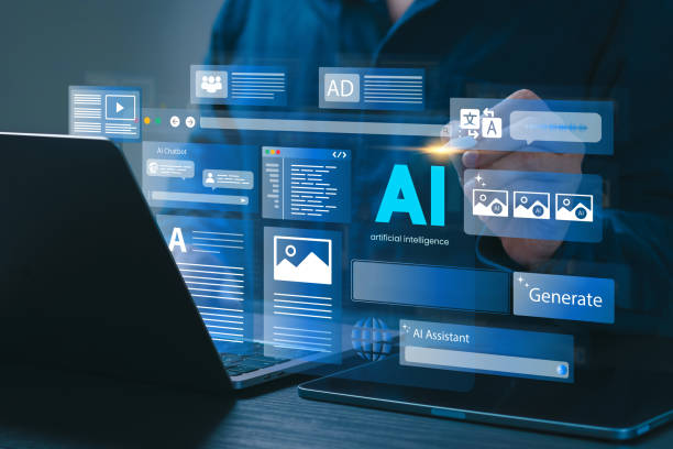 istock Artificial Intelligence Content Generator. A man uses a laptop to interact with AI assistant. AI offers functions like chatbot, generate images, write code, writer bot, translate and advertising. 2156590823