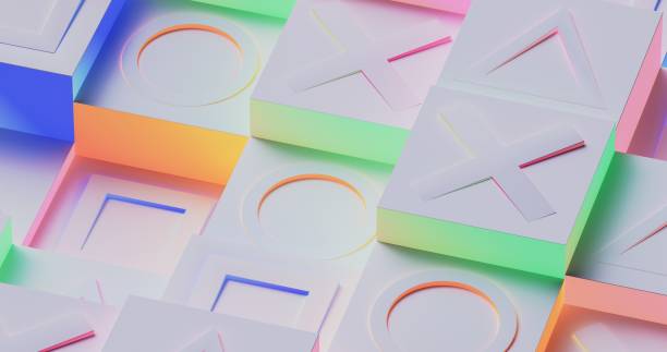 istock Abstract cubes featuring neon triangles, squares, circles, and crosses decorate the background 2156593719