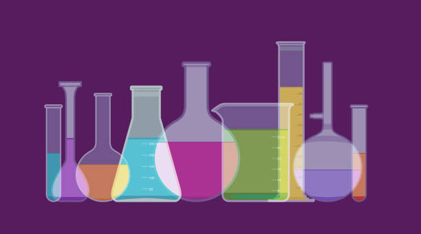 Chemistry or Laboratory Flasks and Beakers Colourful silhouettes of Chemistry Lab Flasks, test-tubes and Beakers flask funnel stock illustrations