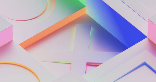 istock Abstract cubes in the background are illuminated by neon triangles, squares, circles, and crosses 2156593754
