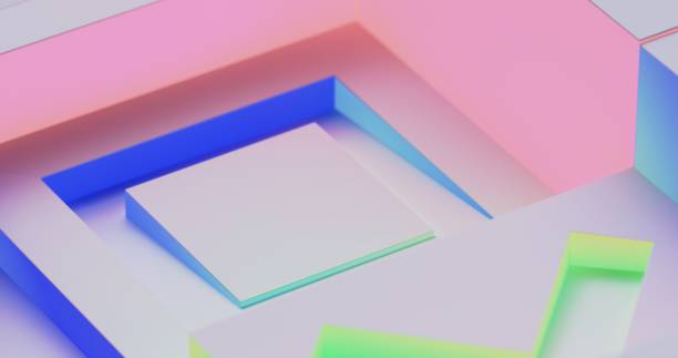 Neon-lit triangles, squares, circles, and crosses decorate the abstract cubes in the background