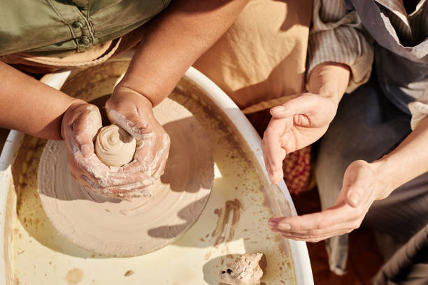 Top View Two Women Creating Ceramics