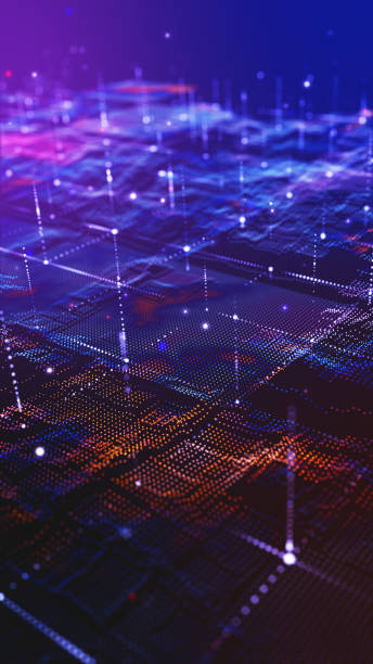 istock Glow blue futuristic digital technology landscape. Glow colourful particle background. 2156599794