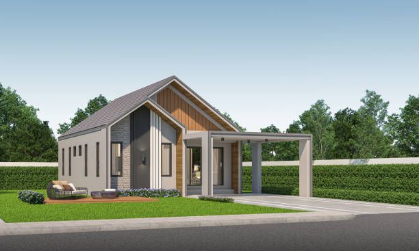 istock Modern house exterior day light with lawn grass.3d rendering 2156602847