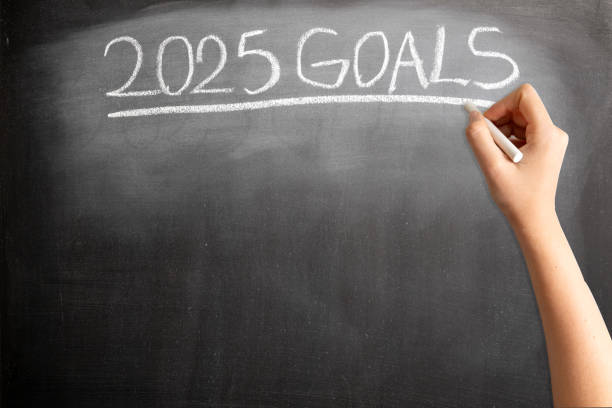 istock 2025 Goals on blackboard with woman hand 2156603629