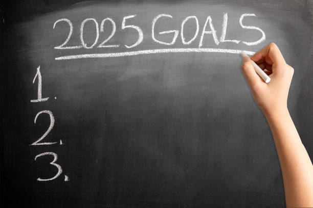 istock 2025 Goals on blackboard with woman hand 2156603799