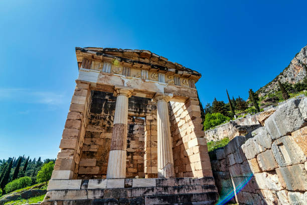 Temple of Apollo at Delphi, an archaeological site in Greece, on Mount Parnassus. Delphi is famous for the oracle in the sanctuary dedicated to Apollo. UNESCO World Heritage Site