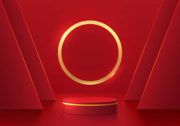 istock 3D red cylindrical podium pedestal background with triangle backdrop, gold neon light. Minimal empty mockup abstract product display presentation, Stage showcase. Platforms vector geometric design. 2156607168
