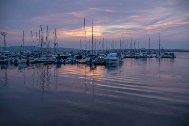 View of a marina after sunset.