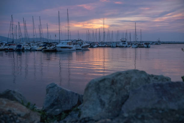 View of a marina after sunset.