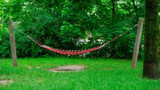 istock Large red hammock suspended on logs in a city park 2156612765