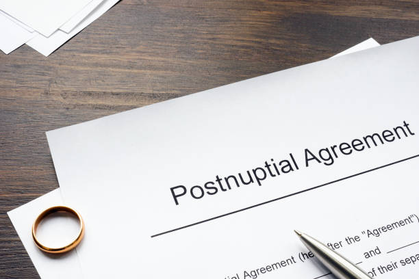 istock Postnuptial agreement form and golden ring. 2156613981