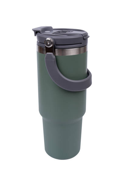istock Green stainless steel water bottle isolated on white background. 2156616623