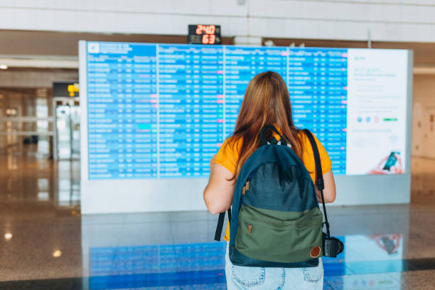 istock Redhead 30s Woman with backpack and camera looking at information board, rear view. Tourist journey trip concept 2156619068