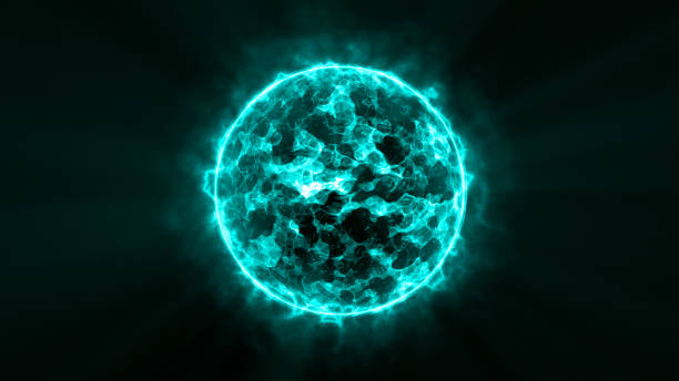 istock Blue energy glowing sphere futuristic atom from electric magic particles and energy waves background. 2156619234