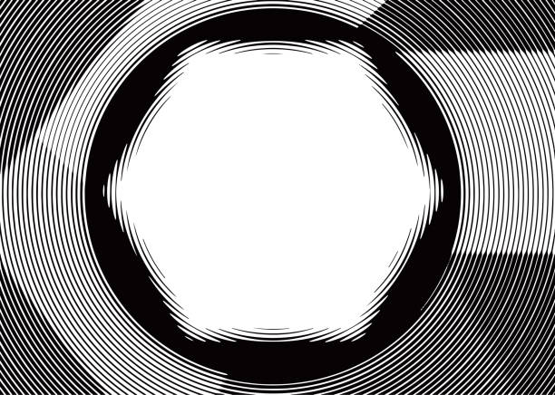 Collection of geometric objects for math including circle, hexagon, triangles and rectangle, looking like an etching with a coarse circular line screen.