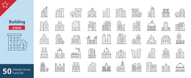 Buildings Line Editable Stroke Icons Set. Real Estate Home Apartment Cityscape Vector Illustration Buildings Line Editable Stroke Icons Set. Real Estate, House, Home, Apartment, Hospital, Hotel, Cityscape, Downtown, Museum, Mosque, Church, Pagoda. Architecture Buildings Icons Vector Illustration flat icons stock illustrations