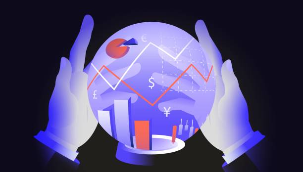 Finance trends in magic ball vector illustration Man holding magic ball researching finance trends. Money, investing, fintech concept. Vector illustration. prediction concept stock illustrations