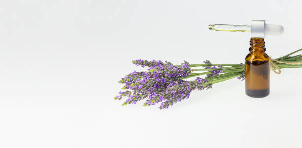 istock Amber essential lavender oil bottle. Pipette with drop and bottle on an isolated background. 2156642988