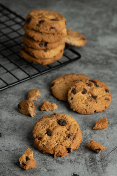 istock Stack of tasty chocolate cookies on gray background. 2156647707