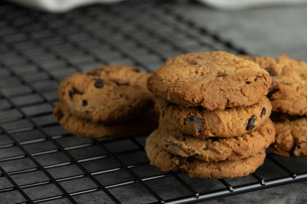 istock Stack of tasty chocolate cookies on gray background. 2156649023