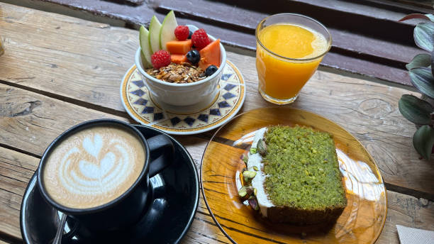 istock Brunch menu with Spanish ham toast, cake, fruit, orange juice and latte 2156650536
