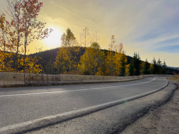 As the day comes to an end, the sun dips below the horizon, casting a warm glow behind the trees lining the road