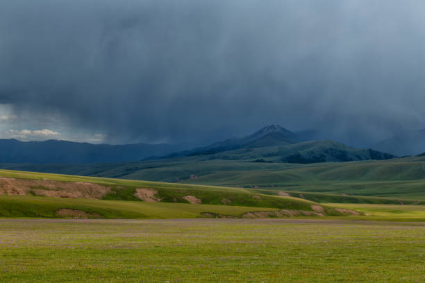 Heavy rain over a high mountain plateau in southeastern Kazakhstan