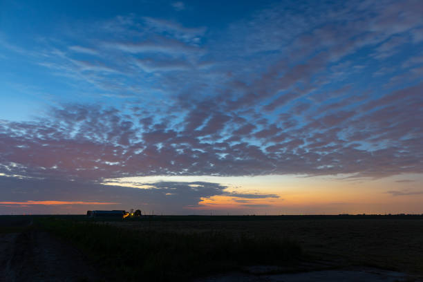 Field of Altocumulus clouds are silhouetted against a beautifully colored evening sky in June.