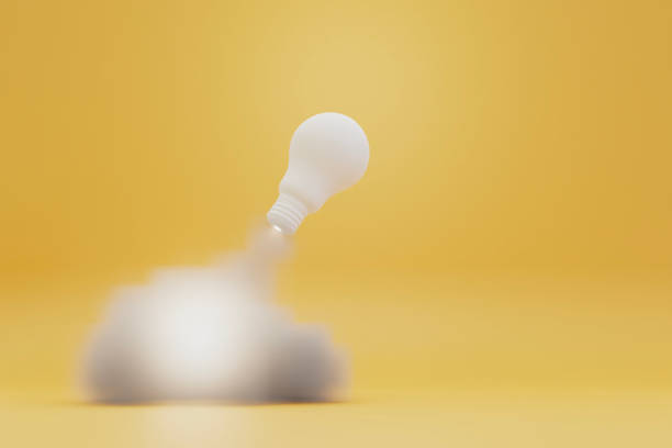 istock 3d illustration of Light bulb rocket taking off on yellow background. 2156679402