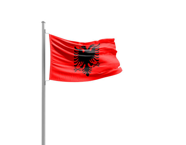 Albania flag waving mast on white background with clipping path.