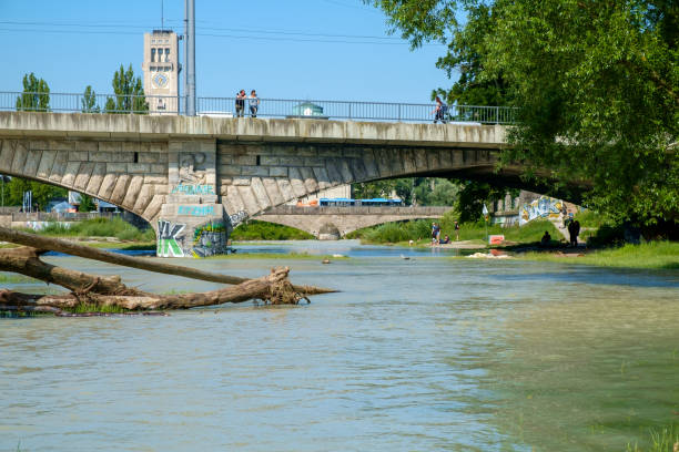 View on Colorful autumn landscape of Isar river in Munich, Bavaria