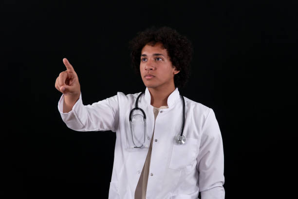 Doctor Touch Screen Concept. Digital transformation change management. Black Background.