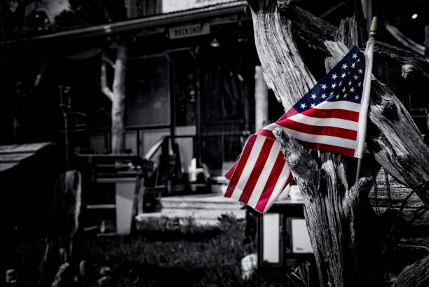 American Flag on an abandoned house Black and White