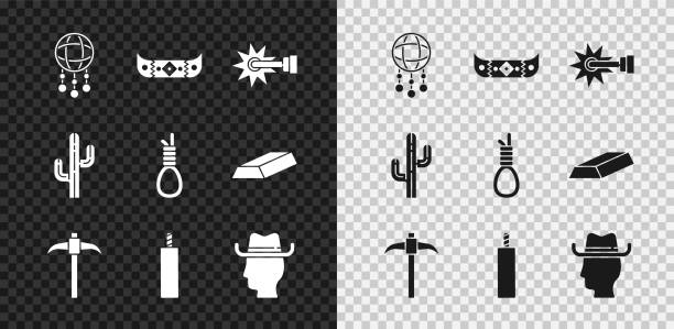 Set Dream catcher with feathers Kayak or canoe and paddle Spur Pickaxe Dynamite bomb Cowboy Cactus and Gallows rope loop hanging icon. Vector.