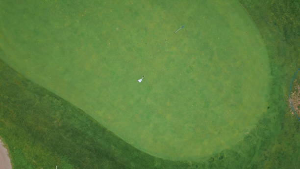 istock Top golf green course with solitary flag marking hole in expansive fairway. 2156694886