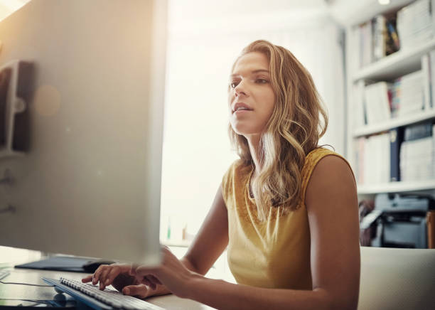 istock Computer, thinking and business woman in home office for remote work project, planning and b2b, networking or communication. Pc, search and girl entrepreneur online for startup, research or solution 2156698419