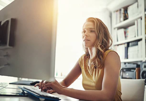 istock Business, computer and woman thinking in home office for remote work project, planning and b2b, networking or communication. Pc, search and girl entrepreneur online for startup, research or solution 2156698421