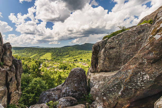 istock Panoramic view from high rocks in the Carpathian mountains, Tustan fortress. 2156704352