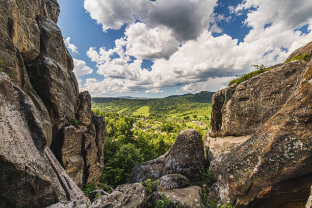 istock Panoramic view from high rocks in the Carpathian mountains, Tustan fortress. 2156705323