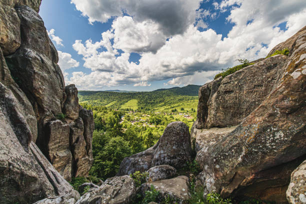istock Panoramic view from high rocks in the Carpathian mountains, Tustan fortress. 2156705464