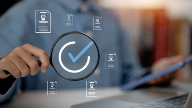 istock Online survey filling out and digital form checklist by laptop computer, Document Management Checking System, online documentation database and process manage files. 2156705843