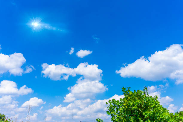 Background material of sun flare and refreshing blue sky and clouds