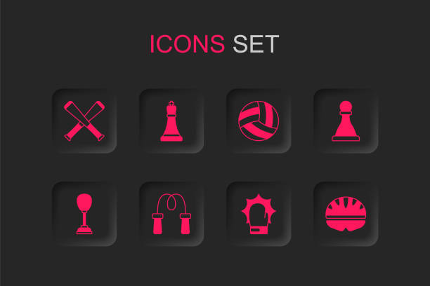 Set Jump rope, Chess, Crossed baseball bat, Punch in boxing gloves, Bicycle helmet, Volleyball and Punching bag icon. Vector Set Jump rope Chess Crossed baseball bat Punch in boxing gloves Bicycle helmet Volleyball and Punching bag icon. Vector. evolution volleyball stock illustrations