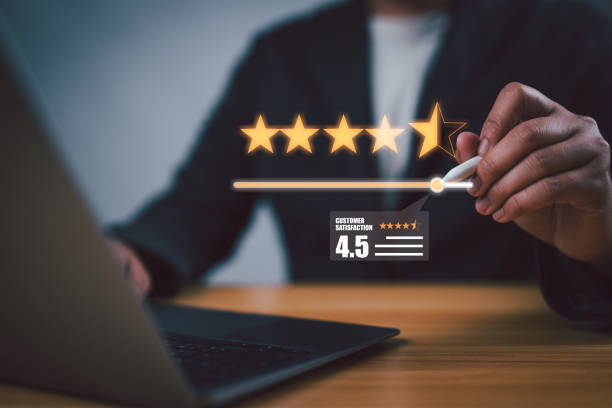 istock Hand drags scroll bar for rated 5-star service or product evaluation experience. Customer satisfaction survey concept. Client review quality of services leading to business reputation ranking score. 2156711591