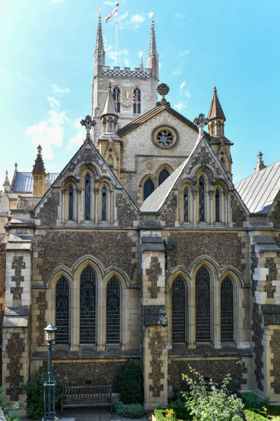 Exterior view of the tower and east end of Southwark cathedral in London, UK.