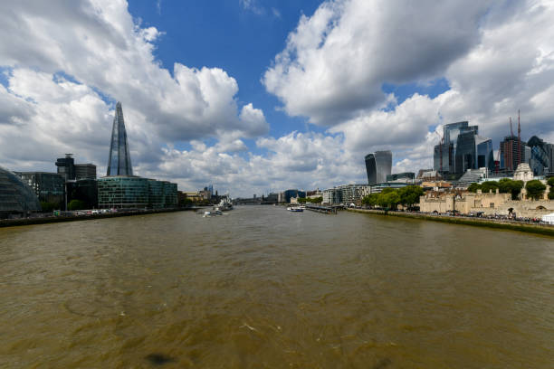 View from the Millennium Bridge along the Thames Bridge in London, UK.