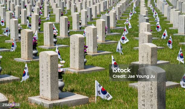 Summer Scenery Of Seoul National Cemetery With Tombstones And Korean Flag On Green Lawn Stok Fotoğraflar & Abide‘nin Daha Fazla Resimleri