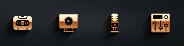 istock Set Retro audio cassette tape, Online play video, Microphone and Sound mixer controller icon with long shadow. Vector 2156713887